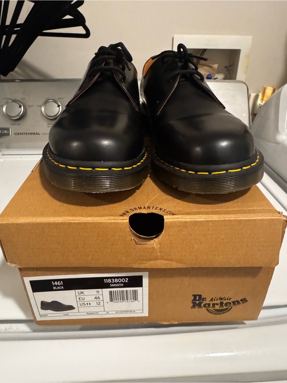 Dr. Martens Black Leather 3-Eye Oxford with Yellow Stitching